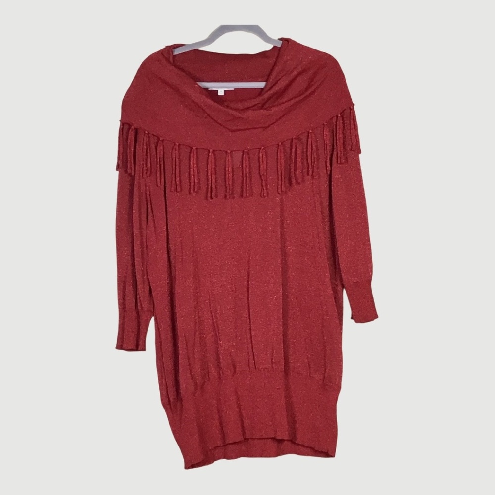 Notations Women’s 3/4 length  Sweater Red Sparkle Cowl Neck Fringe  NWT  Sz.  3x